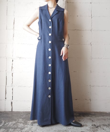 Open Collar Sleeveless Linen Dress NV