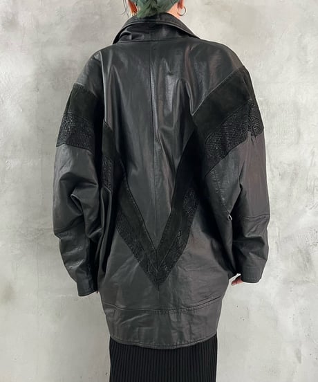 Patch Design Dolman Sleeve Leather Jacket BK