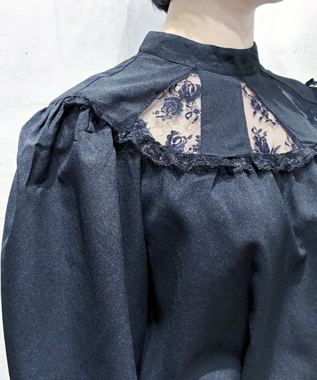 Sheer Lace Band Collar Blouse BK