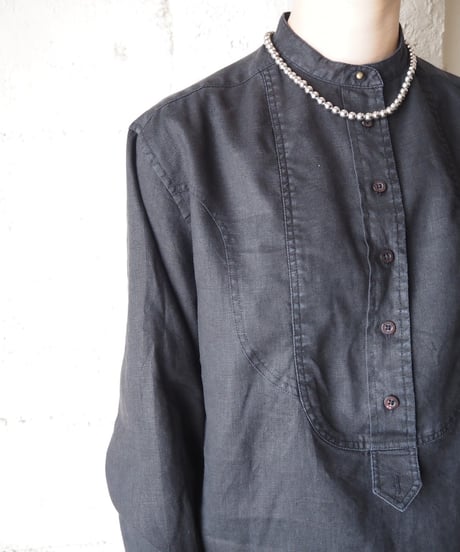 LAUREN Band Collar Linen Pullover Shirt BK