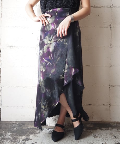 Satin Flower Pattern Side Drape Skirt BKPUR