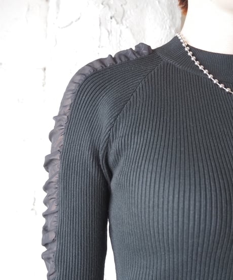 Sheer×Rib Mock Neck Knit BK