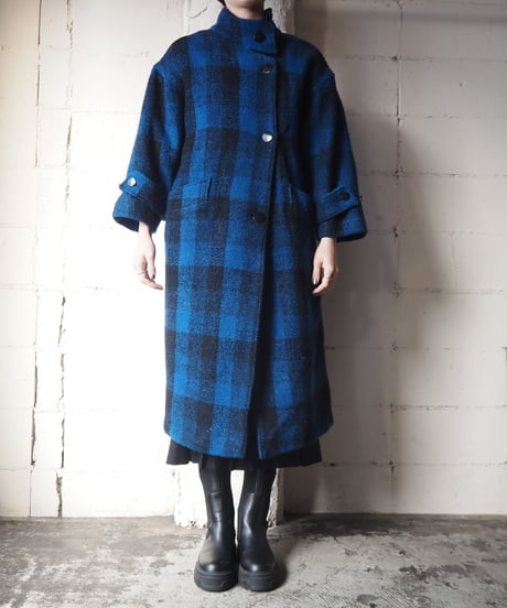 Stand Collar Check Pattern Coat BLBK