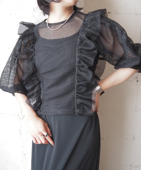 Puff Sleeve Frill Mesh Tops BK