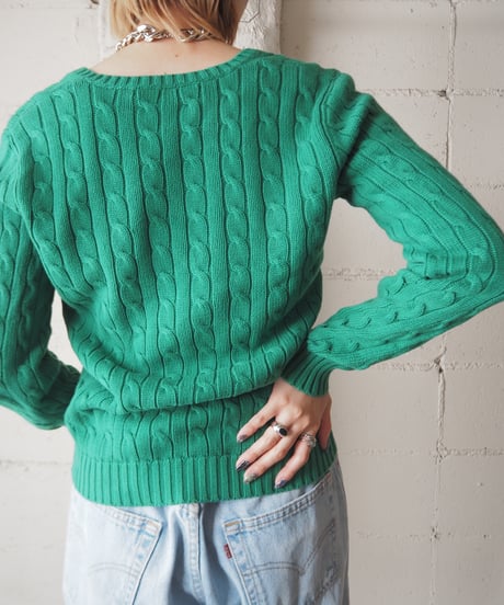 Ralph Lauren SPORT V Neck Cotton Cable Knit GN