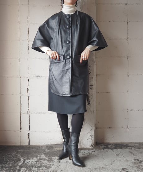 1980's Collarless Leather Cape Jacket BK