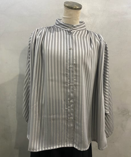 Band Collar Balloon Sleeve Blouse GR WH GD