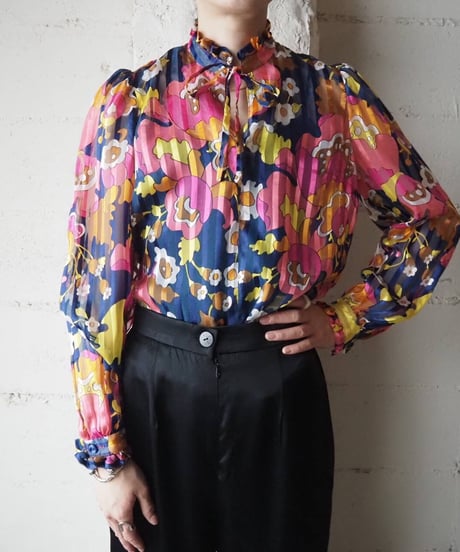 Flower×Stripe Pattern Sheer Blouse NVPI