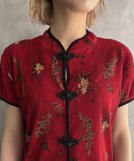 Flower Pattern Pleated China Blouse REBK