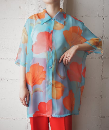 Flower Pattern Sheer Shirts BL RE OR