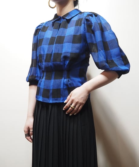 Puff Sleeve Sheer Plaid Blouse BK BL