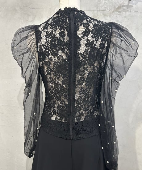 Sheer × Pearl Sleeve Lace Tops BK