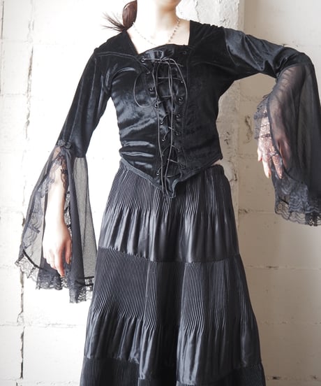 Flared Sleeve Velour Laceup Tops BK