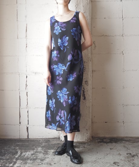 Flower Pattern Sleeveless Dress BK PUR