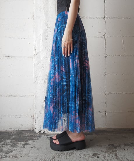 MSGM Botanical Print Tulle Pleats Skirt BL PK