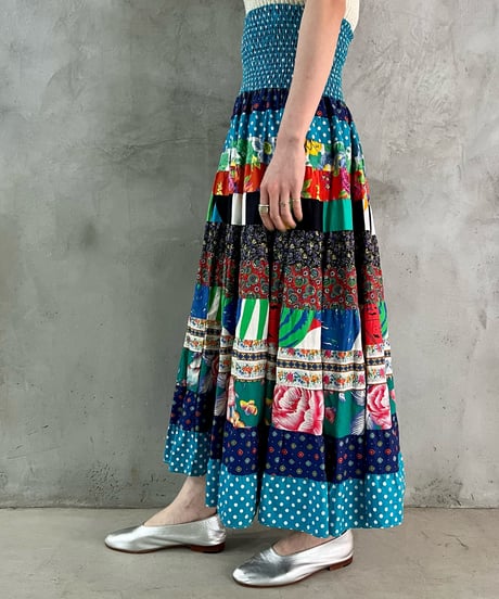 1980's Patchwork  Gather Flared Skirt BLRE