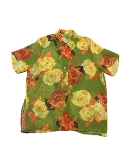 Short Sleeve Flower Pattern Sheer Shirt LGN