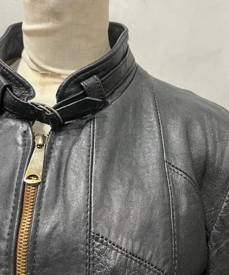 Belt Neck Zipup Leather Jacket BK
