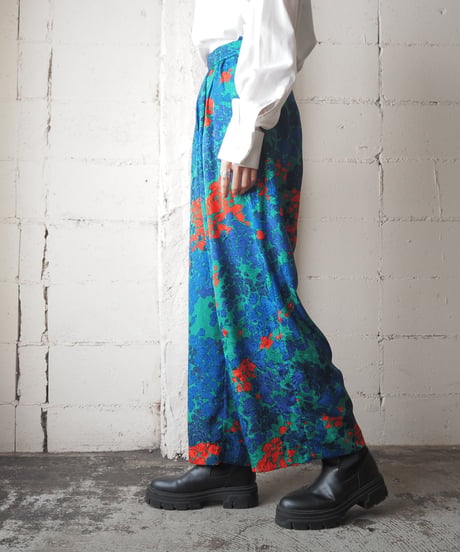 Flower Pattern Tuck Straight Pants GN BL RE