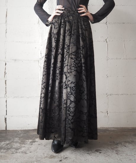 Flock Print Botanical Pattern Satin Tuck Flare Skirt BK