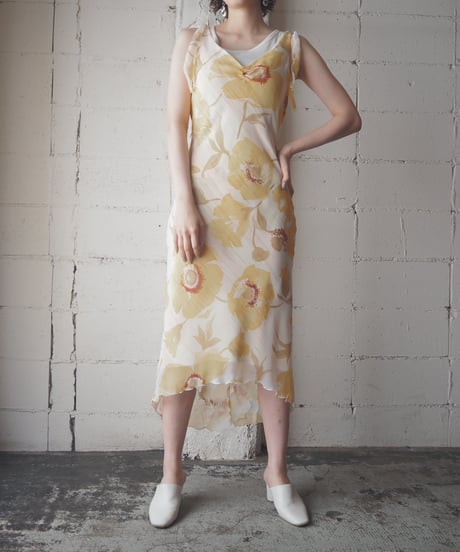 Shoulder Ribbon Floral Pattern N/S Dress YEWH