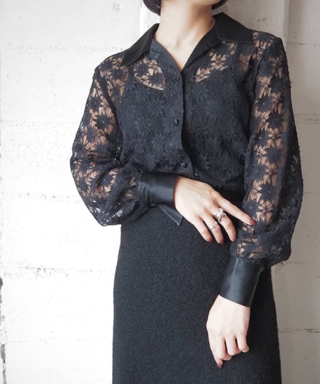 Satin × Lace Open Collar Shirt BK