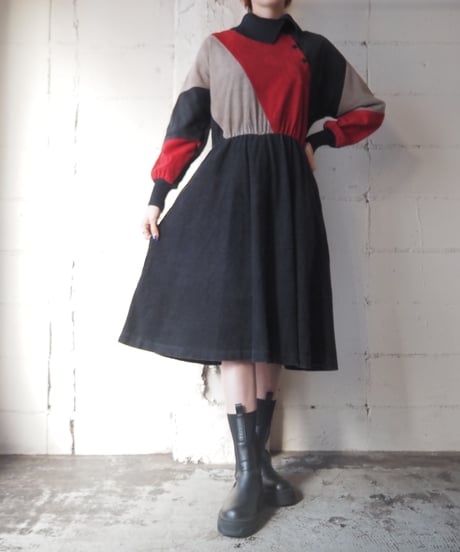 1970's Rib Collar Tricolor Cords Dress BKGRRE