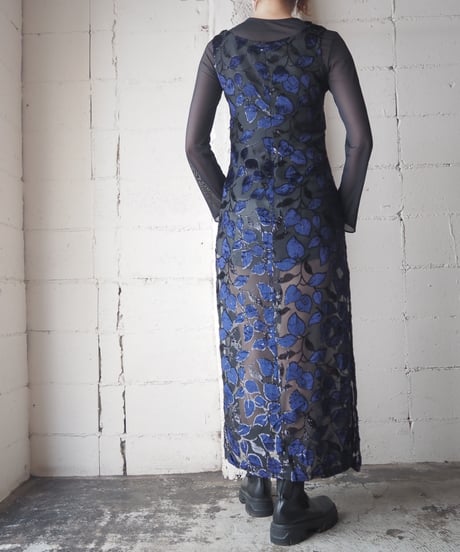 Velour × Sheer Leaf Pattern Dress NVBK