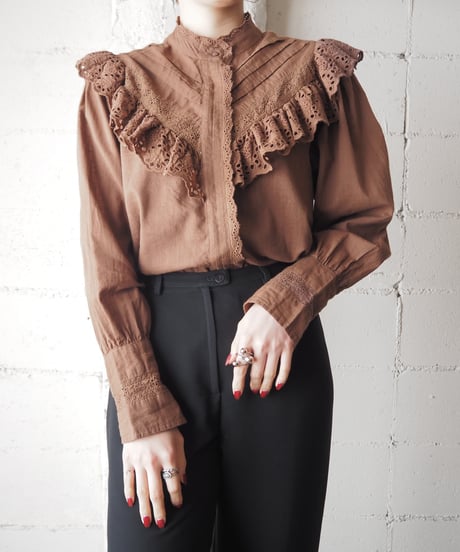 Frill Cut Work Lace Stand Collar Blouse BR