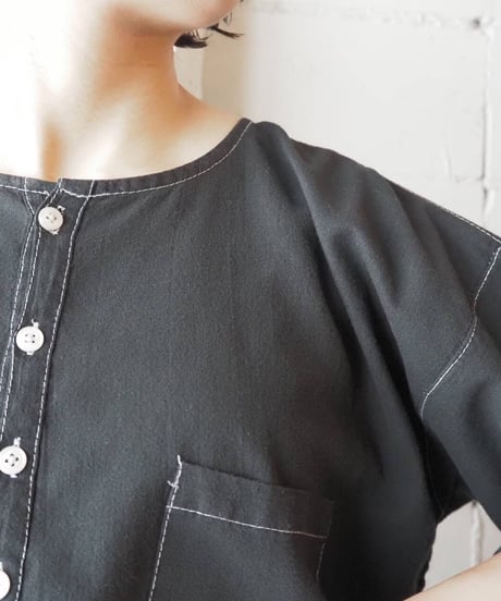 White Stitch Collarless Shirt BK