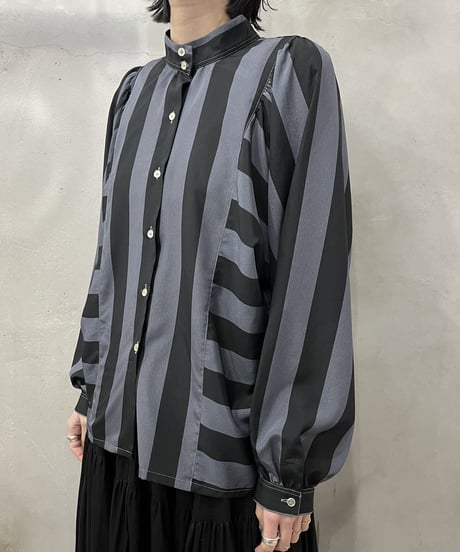 Stripe Volume Sleeve Band Collar Shirt GRBK
