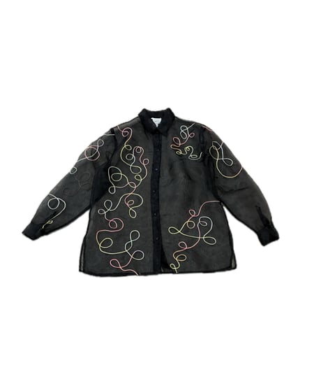 L/S Wavy Embroidery Sheer Shirt BK