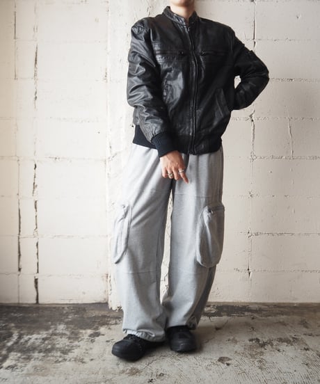 Stand Collar Many Pocket Leather Jacket BK