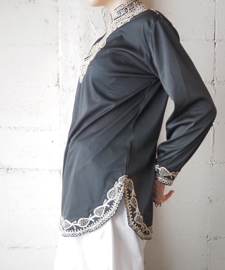 Gold Embroidery Half Button Blouse BKGD