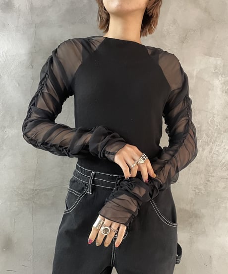 Sheer×Knit Gather Sleeve BK