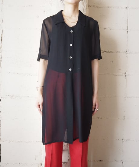 Open Collar Seethrough Long Shirt BK