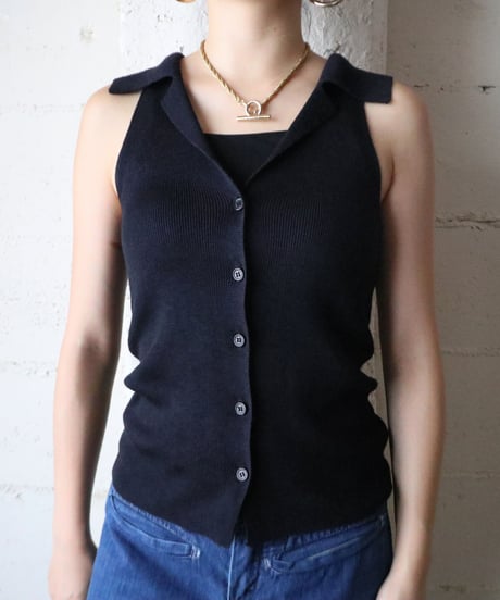 Open Collar Sleeveless Design Knit BK