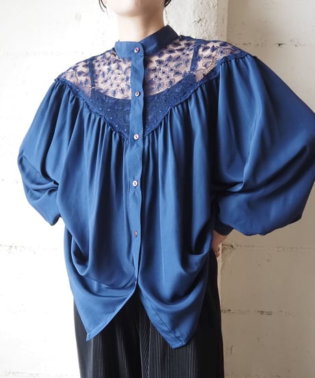 Lace Yoke Stand Collar Blouse NV