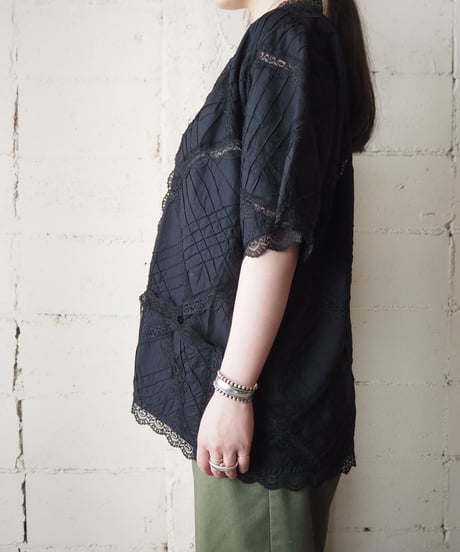1970's Pin Tuck ×Lace Collarless Shirt Jacket BK