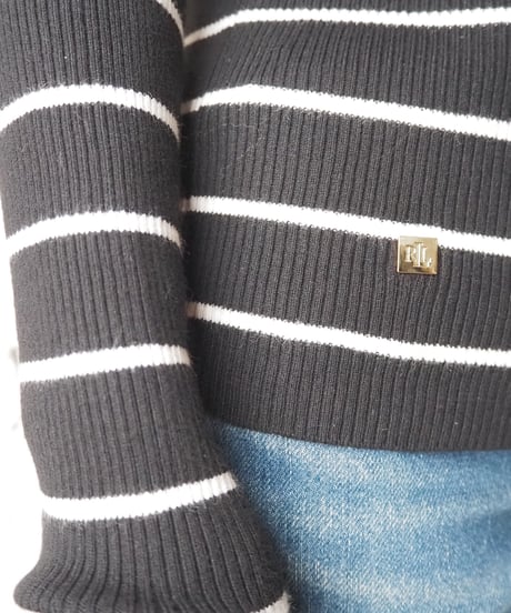 LAUREN Border Turtle Neck Knit BK WH