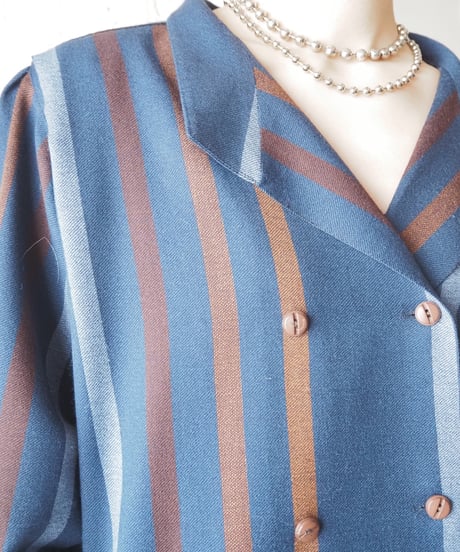 1970's-80's Germany Open collar Stripe Dress BLBR