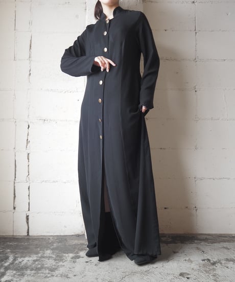 Gold Button Standcollar Long Dress BK