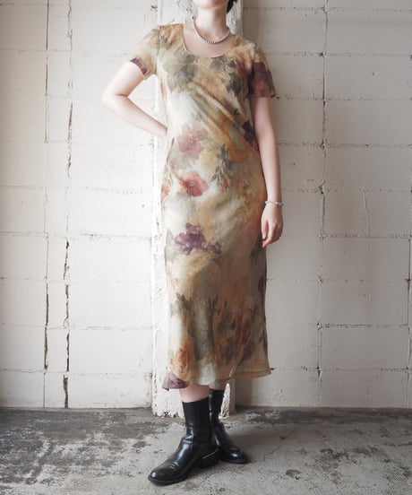 Made in USA Crinkled Floral Long Dress YE GN RE