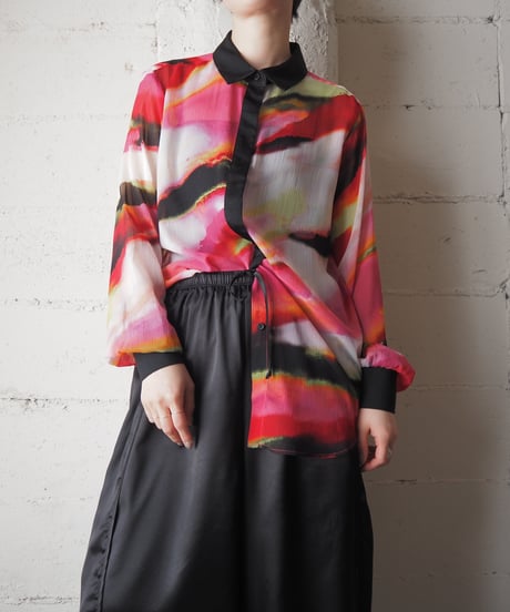 DKNY Sheer Watercolor Print L/S Blouse PI BK