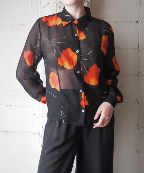 Flower Print Sheer Shirt BKOR