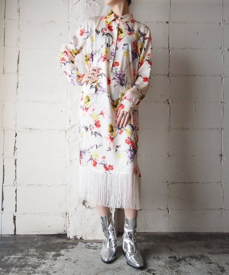 LAUREN Flower Pattern Fringe Hem Dress WHPIYE