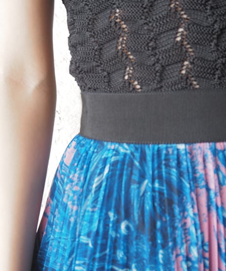 MSGM Botanical Print Tulle Pleats Skirt BL PK