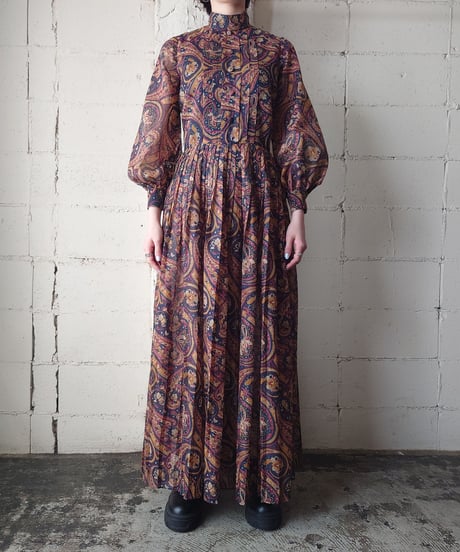 Paisley Pattern Stand Collar Pleated Dress NVBUR