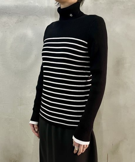 LAUREN Rib Knit Turtle Neck Border BKWH