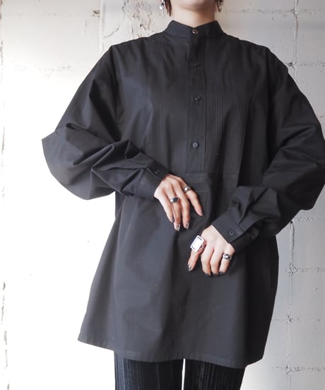 Pleated Bosom Band Collar Shirt BK